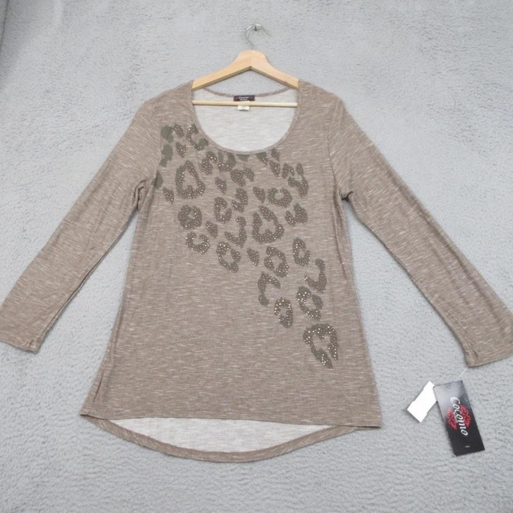 Cocomo‎ Woman Leopard Rhinestone Shirt Women 1X Taupe Y2K Glam Casual Chic Soft